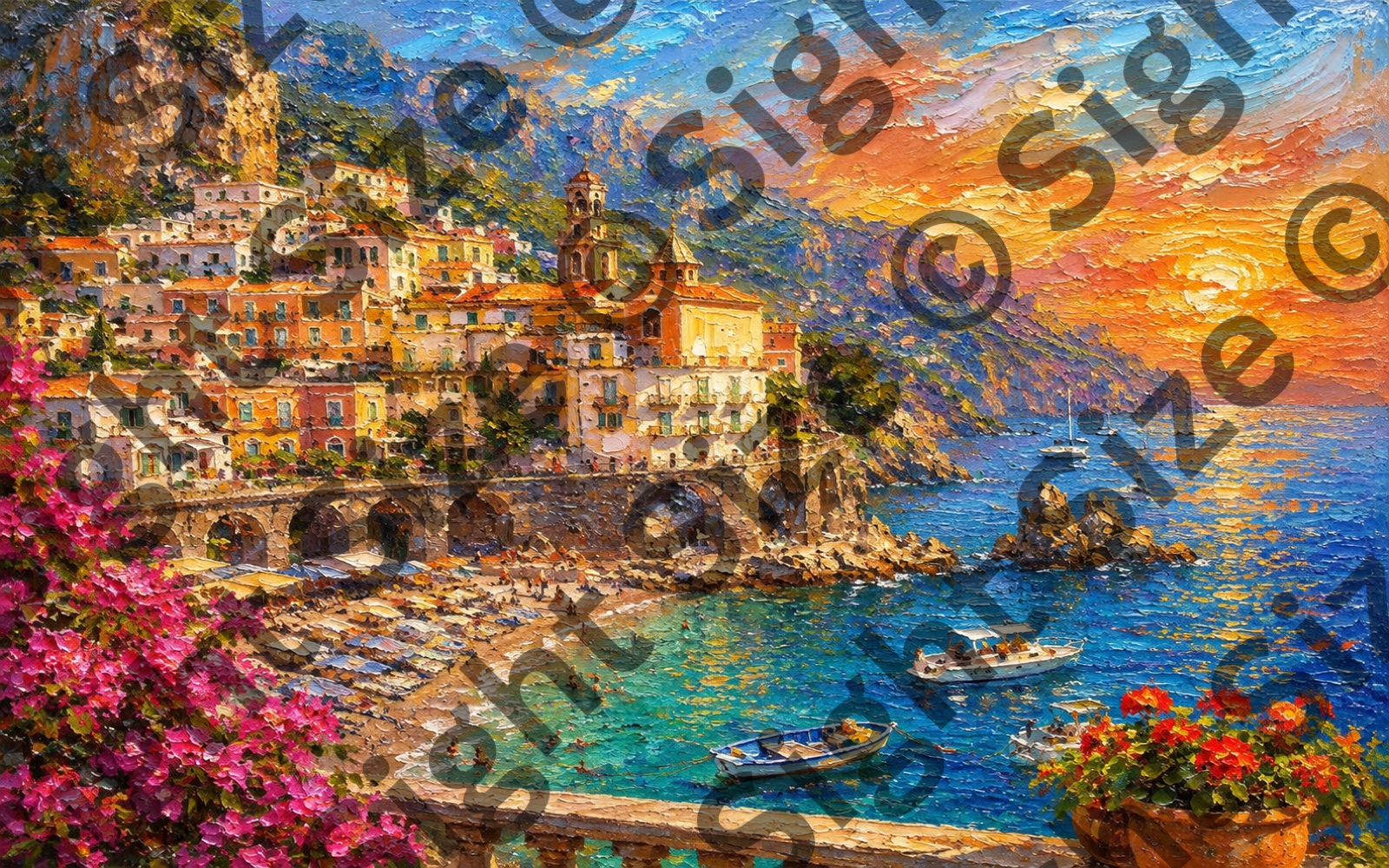 “Amalfi, Bougainvillea”, an oil painting from the Riviera collection.