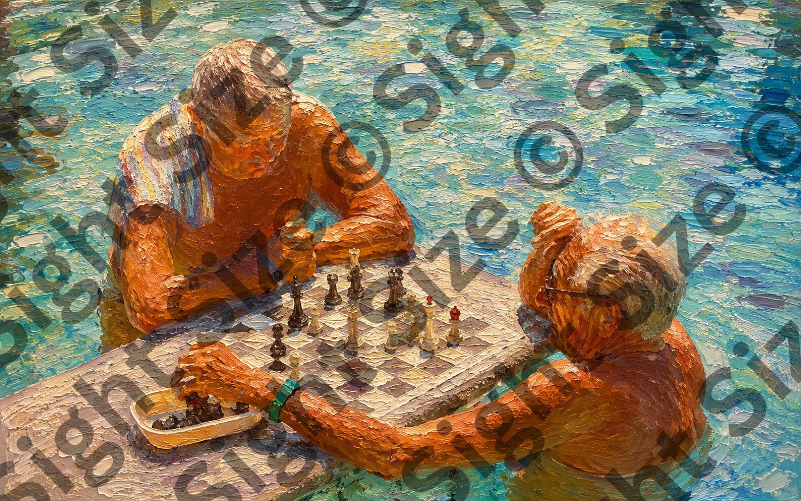“Chess in the Pool”, an oil painting from the The Long Weekend collection.