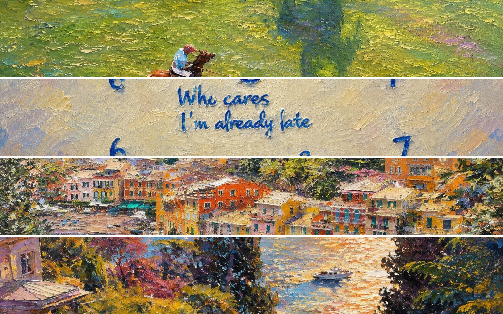 Four details from the shop's paintings: a polo field, a watch dial, the Portofino waterfront, and a garden terrace above the sea.
