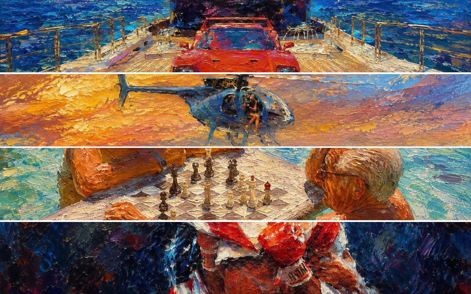 Four more details: a red sports car parked on a pier, a helicopter at sunset, a chess game played in a pool, and a boxer between rounds.